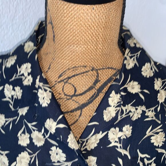 Beroluci of Paris 100% Silk Women's Sport Btn Blouse Dark Blue Tan Floral SMALL - Picture 6 of 10